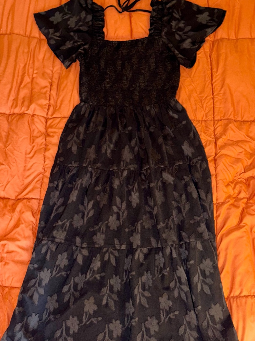 Smocked Black Floral Maxi Dress with Flutter Sleeves